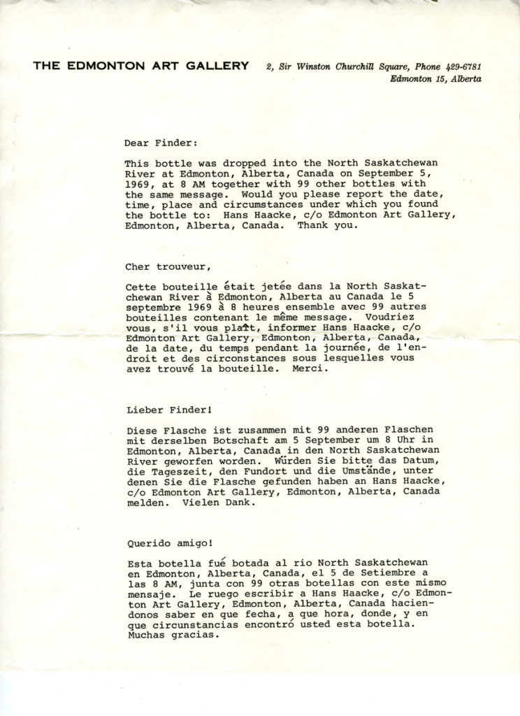Hans Haacke [executed by Dan Graham], <em>Untitled [letter that was placed inside 100 plastic bottles]</em>, 1969. Collection: Bill Kirby