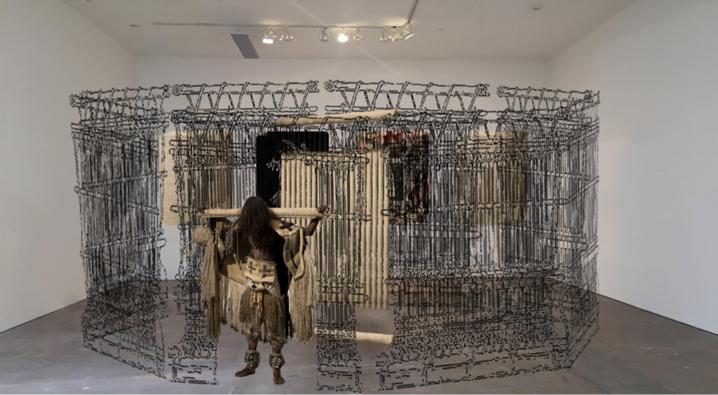 Eric-Paul Riege, <em>diyin+, hooghan and weaving dance (fig.3) for Na'ashjé'íí Asdzáá, r.e.a.</em>, 2018. Mixed fibre, installation and performance, dimensions variable. Photo courtesy the artist.
