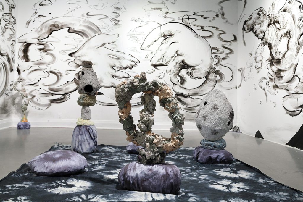 Jessica Jang, <em>Cloud Hands</em>, 2018. Paper pulp, ceramics, acrylic paint, wood, charcoal, hand-dyed fabric, cushions and mural with Chinese ink, dimensions variable. Courtesy the artist. Photo: Yuula Benivolski.
