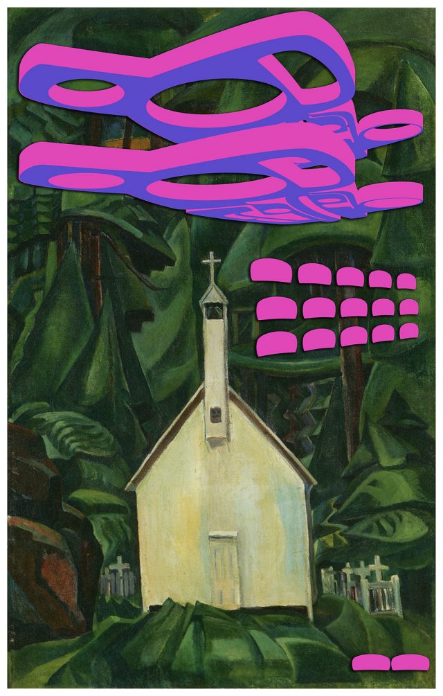 Sonny Assu, <em>Re-Invaders: Digital Intervention on an Emily Carr Painting (Indian Church, 1929)</em>, 2014.  40 x 30 in., Edition of 5 + 2 AP, AP 1 of 2. Courtesy of Equinox Gallery. Purchased by the Art Gallery of Ontario with funds donated by James Lahey and Pym Buitenhuis, 2018.