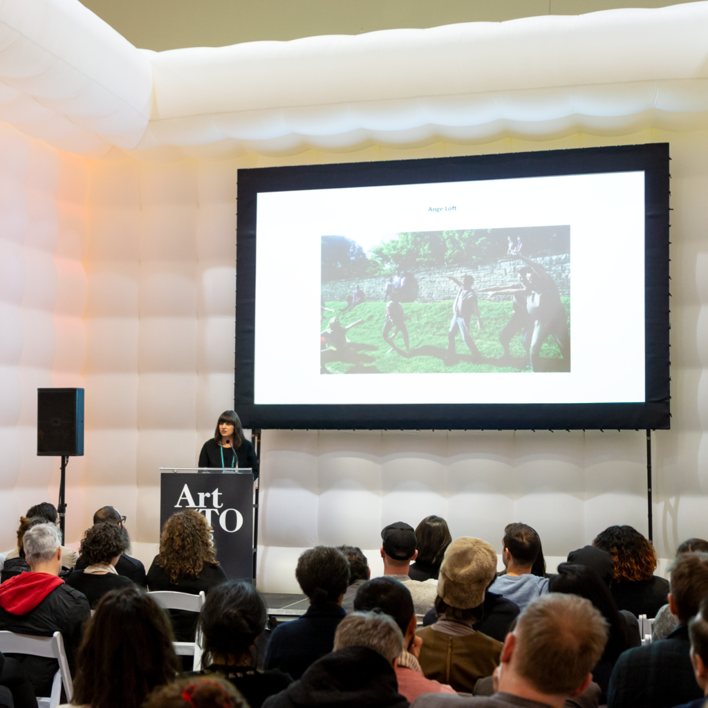 Curator Candice Hopkins presents on the upcoming Toronto Biennial at Art Toronto on October 28, 2018. Photo: Worker Bee Supply.