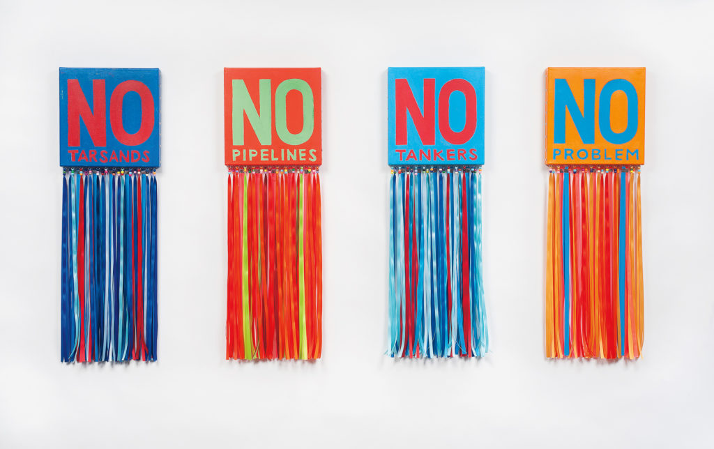 Bruno Canadien, <em>No Problem</em> (from the <em>Freedom Fighter Series</em>), 2012. Acrylic, hardware, satin ribbon on canvas, four panels 91.4 x 30.4 x 5 cm each. Courtesy of the artist. Photo: John Dean.