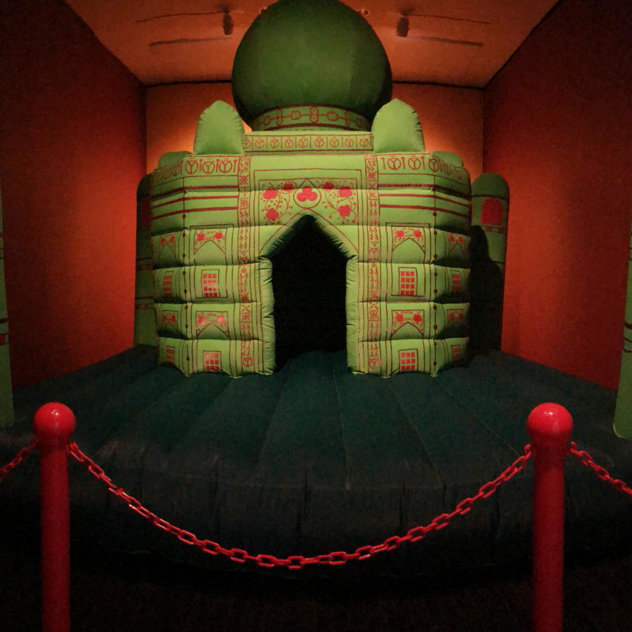 Divya Mehra, <em>Afterlife of Colonialism, a reimagining of Power: It’s possible that the Sun has set on your Empire OR Why your voice does not matter: Portrait of an Imbalanced, and yet contemporary diasporic India vis-à-vis Colonial Red, Curry Sauce Yellow, and Paradise Green</em>, 2018.
Inflatable attempt at the Taj Mahal, acrylic deep base paint, 15 x 15 x 15 in. 