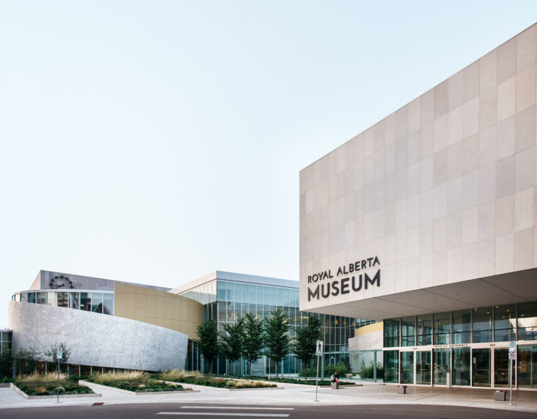 An exterior view of the new Royal Alberta Museum. The Canadian firm DIALOG was in charge of the building architecture, which integrated some elements from the old site's postal office—the clock at left was on that old building, and was re-installed in roughly the same place. Photo: Courtesy Royal Alberta Museum.