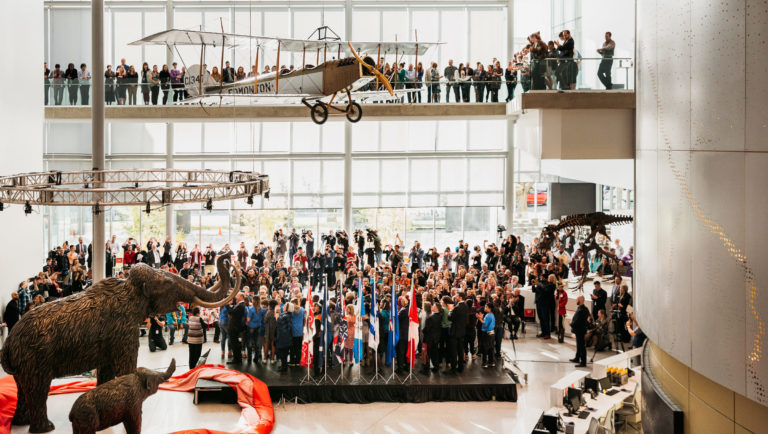 Opening day at the new Royal Alberta Museum on October 3, 2018. Thousands of free tickets to the first week of the museum's opening were snapped up quickly. Admission for Indigenous people is always free at the new museum. Photo: Government of Alberta.