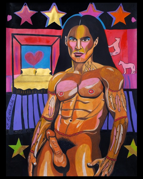 George Littlechild, <em>Cree Boy Thrust</em>, 2017. Mixed media, 127 x 96.52cm. Courtesy the artist.