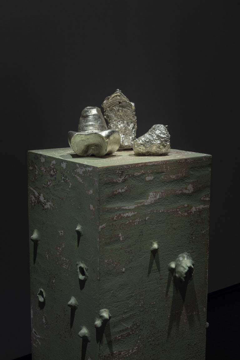 Young Joon Kwak, <em>Inverted Vaginis Masturbators V, VII,VIII</em>, 2017–18, with <em>Plinth II</em>, 2017. Courtesy the artist and Commonwealth and Council, Los Angeles. Photo: Jessica Wittman.