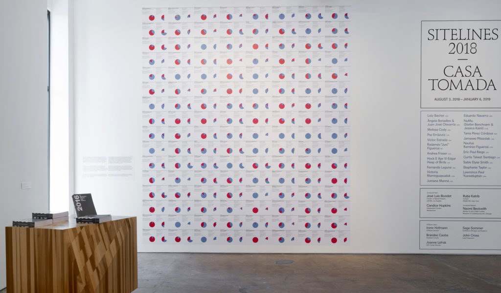 Andrea Fraser, <em>2016 in Museums, Money, and Politics</em>, 2018, vinyl, 3.7m x 4.6m. Install view at SITE Santa Fe in SITElines Casa tomada, Santa Fe, New Mexico, 2018. Photo by Eric Swanson. Copyright Andrea Fraser.