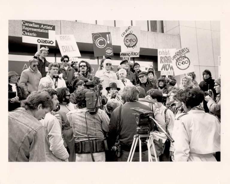 CARFAC has been advocating for improved artist compensation for decades. Here, a CARFAC protest on copyright fees and exhibition fees outside the Art Gallery of Ontario in 1988. Photo: Facebook / CARFAC.