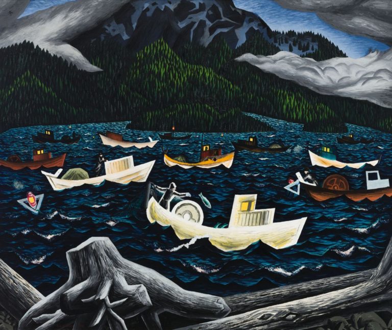 E.J. Hughes’ <em>Fishboats, Rivers Inlet</em> of 1946 set a new record for the artist at the Heffel auction. Image: Courtesy Heffel.