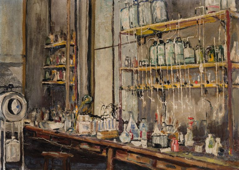 This painting, <em>The Lab</em> is by Nobel-winning scientist Frederick Banting of the Toronto laboratory where he co-discovered insulin. It set an auction record this week. Image: Courtesy Heffel.