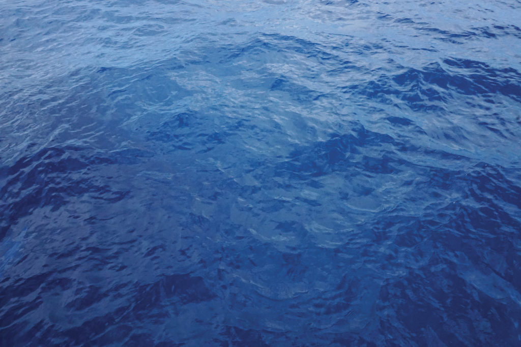 The various blues of the Atlantic Ocean, as seen over the railing of the sailboat, while sailing from Florida to Bermuda, 2017. Photo: Maya Weeks.