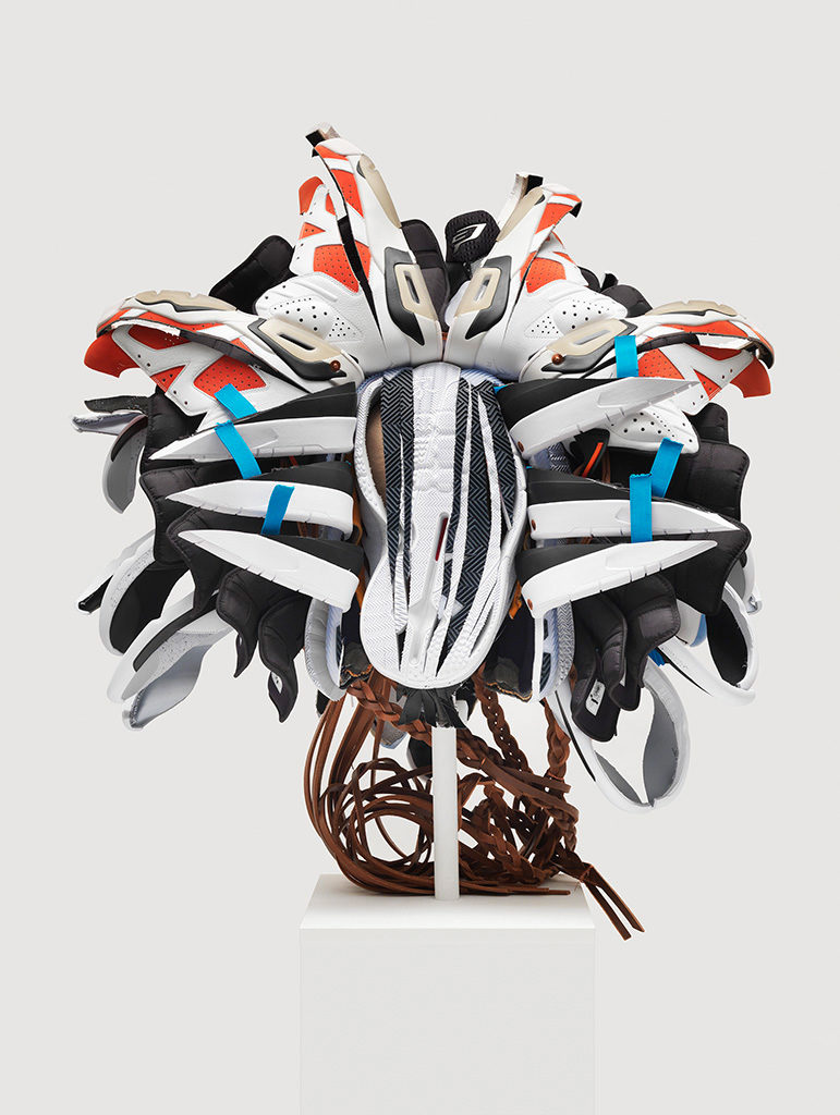 Brian Jungen, <em>Warrior 4</em>, 2018. Nike Air Jordans, copper, leather. Collection of the Vancouver Art Gallery. Purchased with funds from the Vancouver Art Gallery Acquisition Fund and the Jean MacMillan Southam Art Acquisition Endowment. 