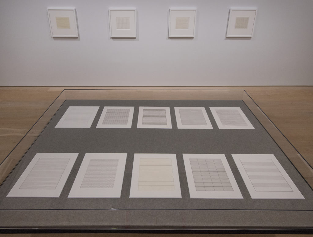 Installation view of “Agnes Martin: The mind knows what the eye has not seen.” September 22 to December 21, 2018, Esker Foundation. Photo: John Dean. © Agnes Martin / SOCAN (2018)