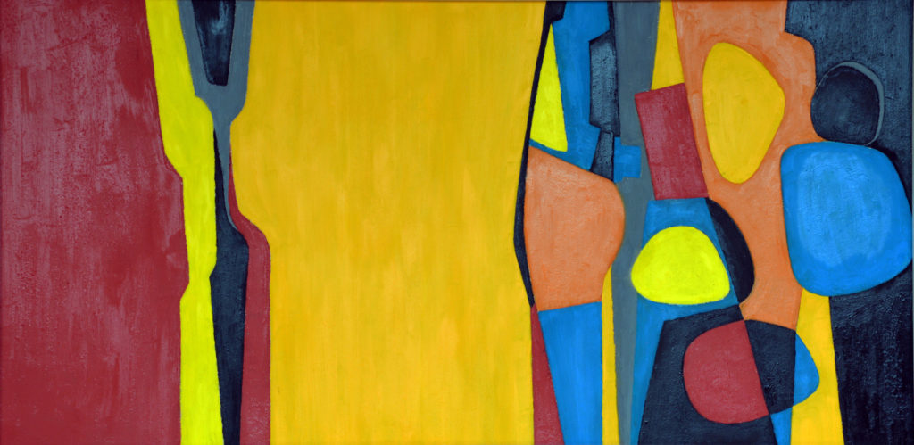 Herménégilde Chiasson, <em>Je Brubeck</em>, 1967. Oil on masonite, 60.9 cm x 1.21 m. Collection the artist.