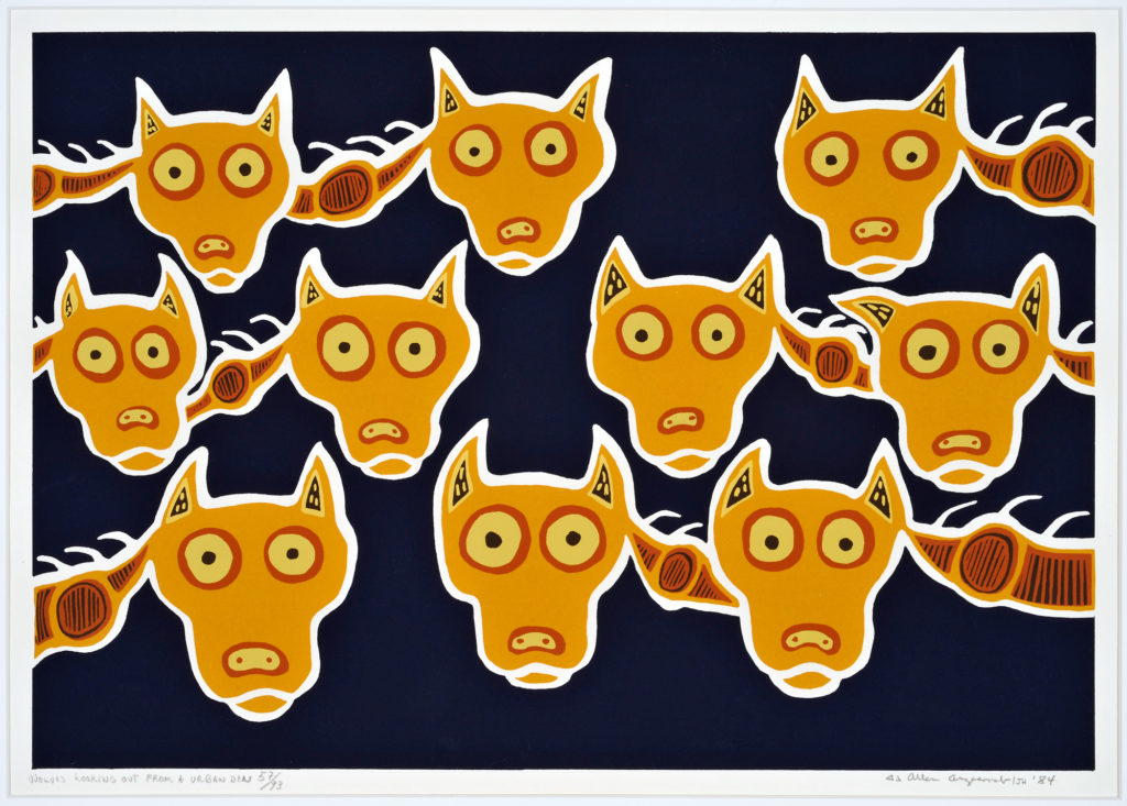 Allen (Ahmoo) Angeconeb, <em>Wolves Looking Out of Den</em>, 1984. Silkscreen on paper, edition 57/93,
29 x 41 cm.
