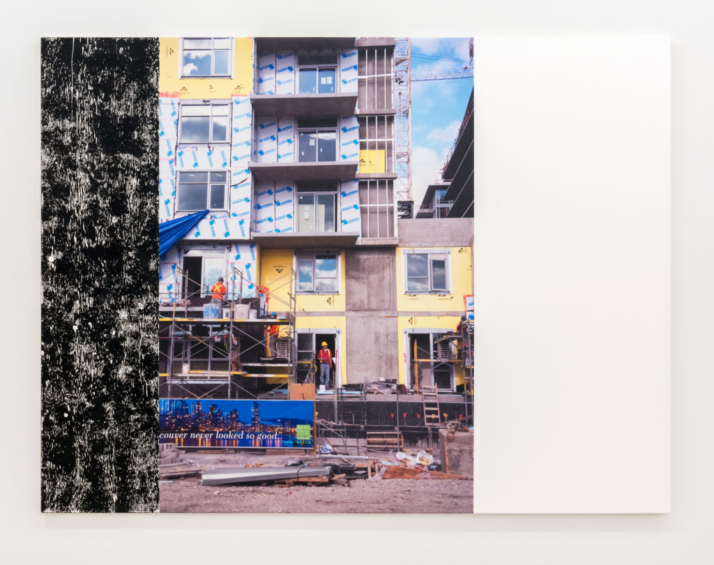 Ian Wallace, <em>Construction Site (Olympic Village) III</em>, 2011.
Photolaminate and acrylic on canvas, 183 x 244 cm. Photo: SITE
Photography. Courtesy Catriona Jeffries, Vancouver
