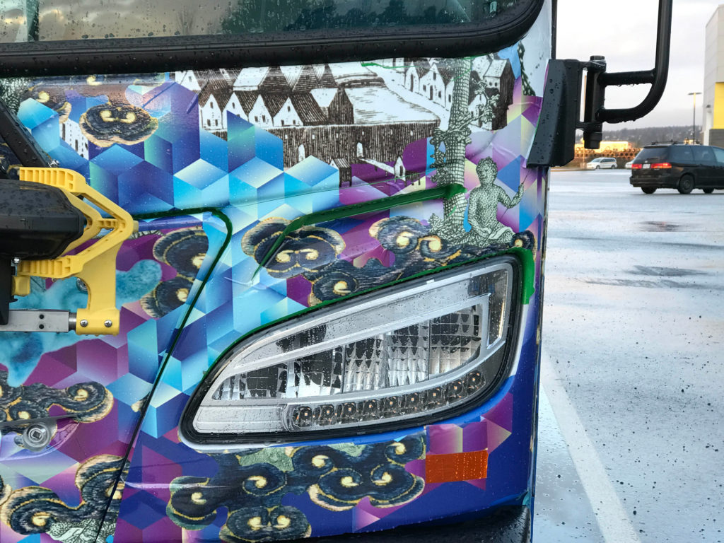 Diyan Achjadi 's artwork <em>NonSerie (In Commute)</em> (2017/2018) was the first to be wrapped on a TransLink bus for the project <em>How far do you travel?</em>. Image courtesy the artist.