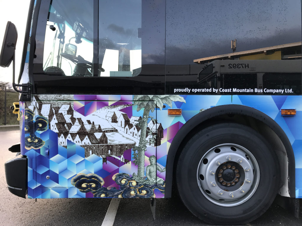 <em>How far do you travel?</em> bus displaying Diyan Achjadi, <em>NonSerie
(In Commute)</em>, 2017/2018.