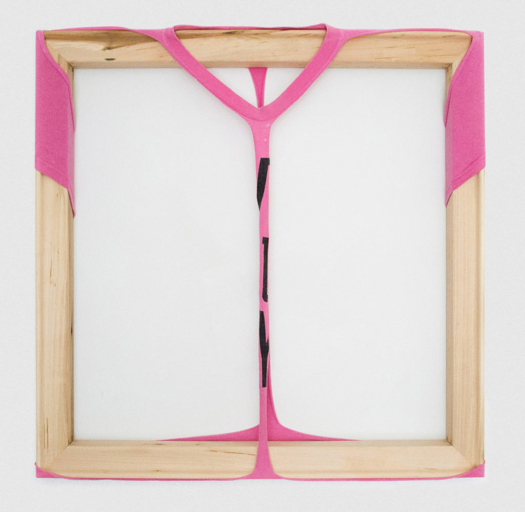 Jade Yumang, <em>Boyfriend Tee</em> (detail), 2015–16. 12 cotton jersey T-shirts altered and stretched over wooden stretchers, 60.9 x 60.9 cm each.