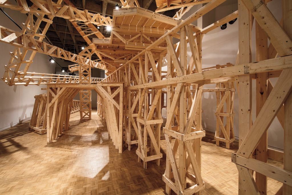 Steve Higgins, <em>Beyond the Terminating
Vista (Rebuild)</em> (detail), 2013. Building
lumber, dimensions variable. Courtesy MSVU Art Gallery. Photo: Steve Farmer.