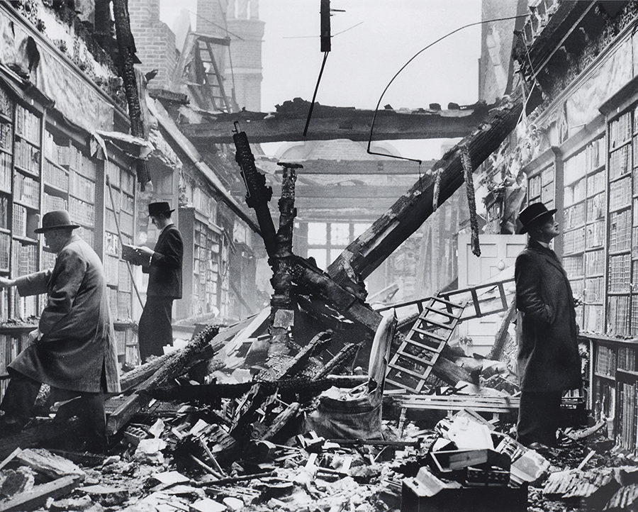 Photographer unknown, The Library of Holland House Library, Kensington, London, after air raid, 1940.