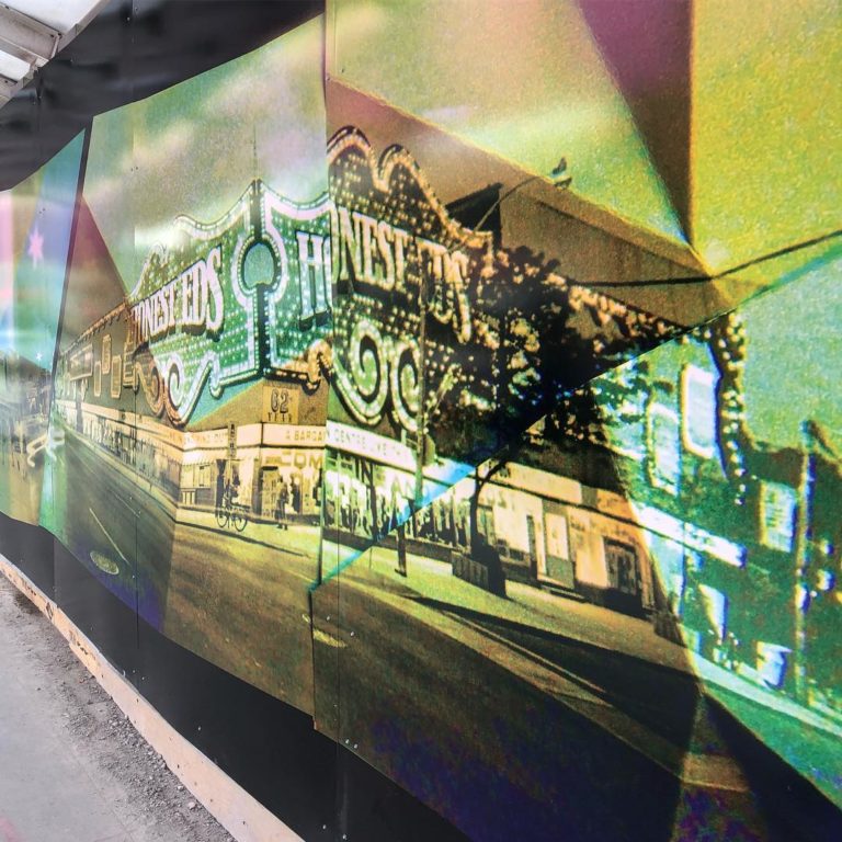 Part of the hoarding mural by Jessica Thalmann at the Mirvish Village construction site. Photo: Mirvish Village Instagram.
