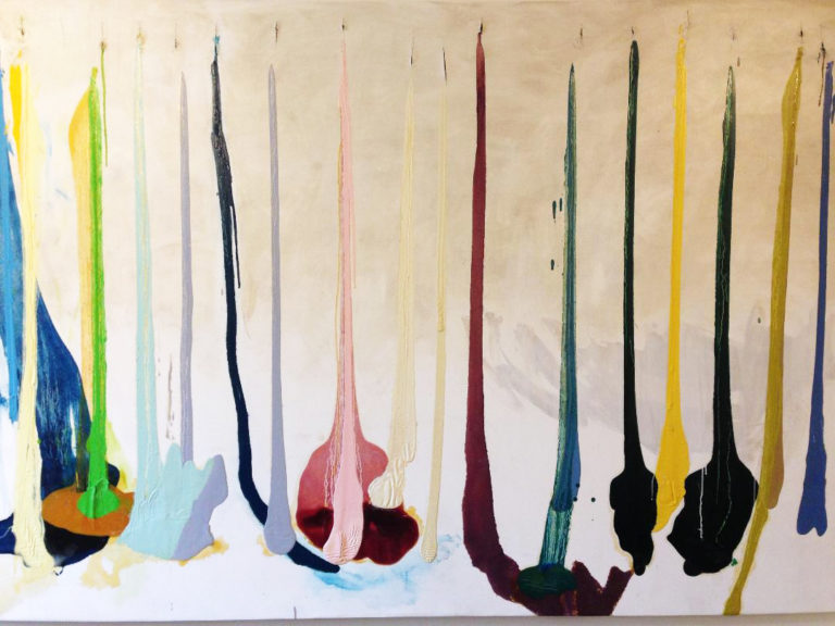 Pearl van Geest, <em>Spoiled</em>. Oil paint, thread on canvas, 9 feet by 6 feet.

