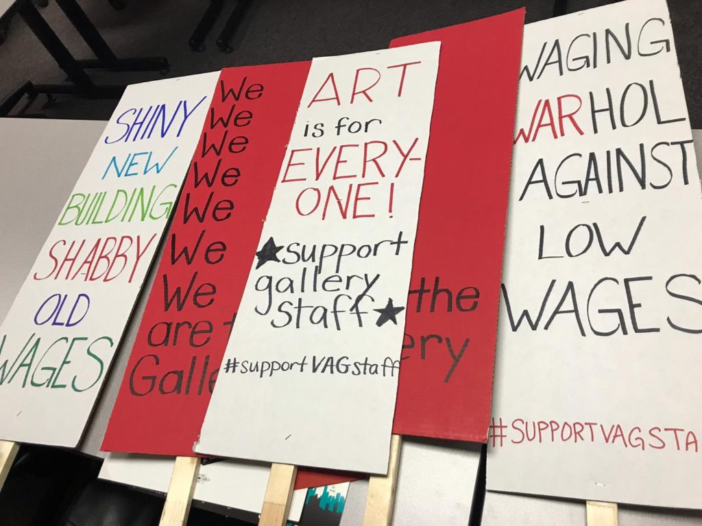 Signs from the strike at the Vancouver Art Gallery. Photo: Twitter / @vagonstrike.