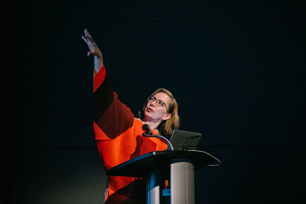 Andrea Fraser presents a lecture in Toronto on April 16, 2019. Photo: Connie Tsang.