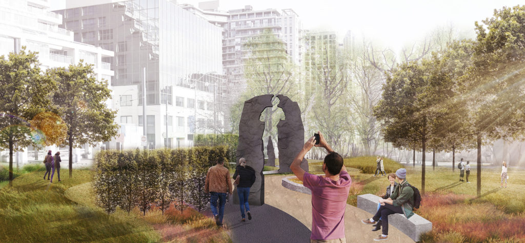 A rendering of <em>We Are Shaped By The Obstacles We Face</em>, a new memorial in development for Terry Fox on the Toronto waterfront. Rendering by Jon Sasaki and DTAH.