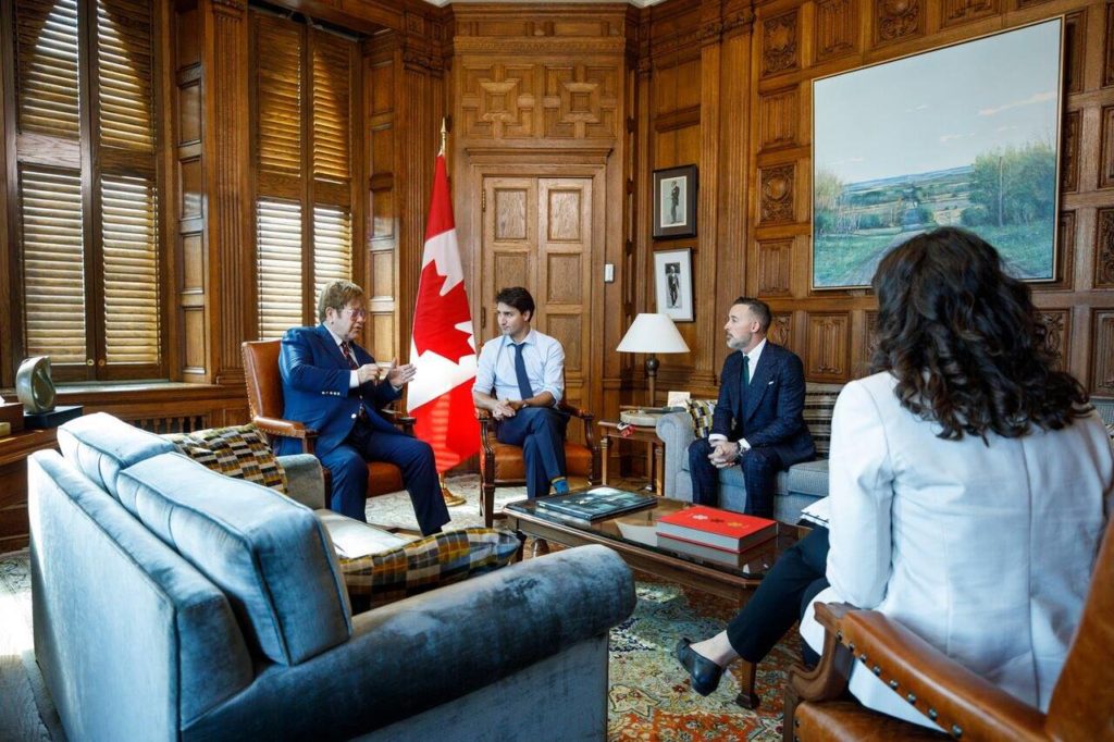 Justin Trudeau met with musician Elton John and partner David Furnish in September 2018 to discuss the Elton John AIDS Foundation. Performing arts festivals and the Canada Music Fund are among those sectors finding a boost in Budget 2019. Photo: Facebook.