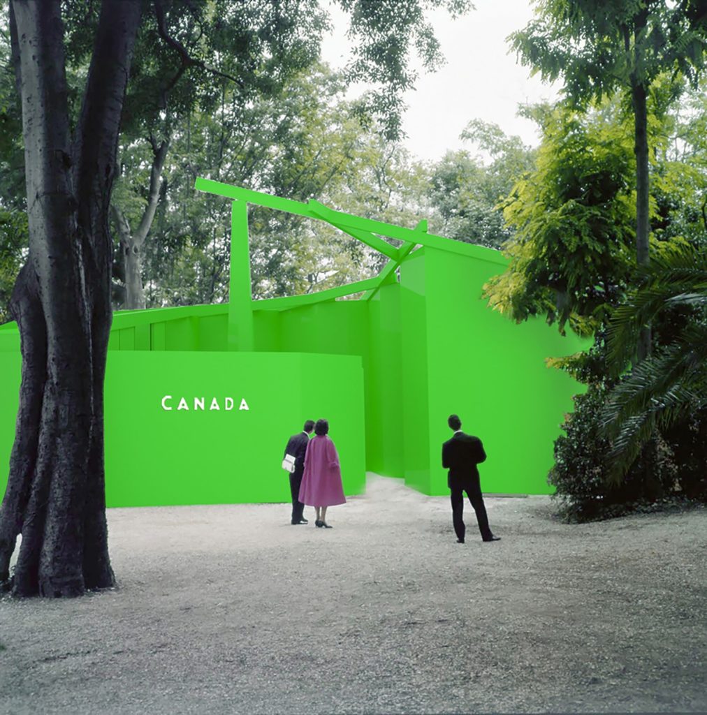 A rendering for <em>Impostor Cities</em> by T B A and David Theodore at the 2020 Venice Biennale of Architecture. It suggests the exterior of the pavilion may be covered in a green-screen hue, alluding to how Canada stands in as movie set for many other nations.