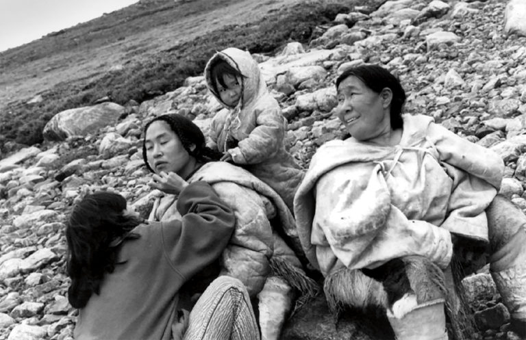 Theresa Ipkanak, Sylvia Ivalu and Bernice Ivalu on the set of <em>Atanarjuat: The Fast Runner</em>. Directed by Zacharias Kunuk. 2001. Film, 174 min. Courtesy Isuma Distribution International.