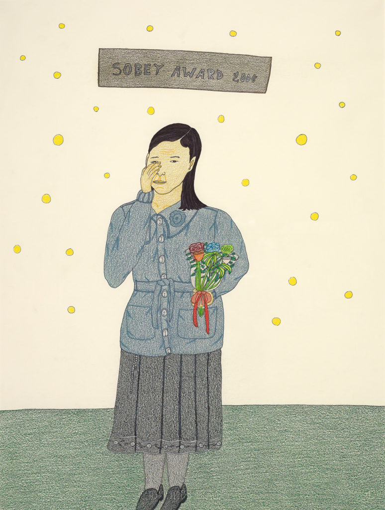 Annie Pootoogook, <em>Sobey Award 2006</em>, 2007. Coloured pencil and ink
on paper, 66 x 50.1 cm.
Collection of Paul and Mary Dailey Desmarais. Reproduced with permission of Dorset Fine Arts. Courtesy McMichael Canadian Art Collection.