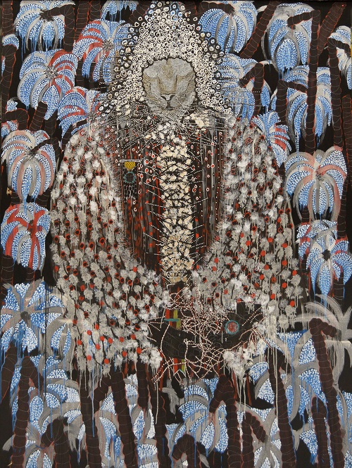 Omar Ba, <em>Afrique, pillage, arbres, richesse [Africa, Looting, Trees, Wealth]</em>, 2014. Oil, gouache, ink and crayon on corrugated cardboard. Collection MMFA, purchase of Horsley and Annie Townsend Bequest. Photo: MMFA, Christine Guest. © Omar Ba. Courtesy the artist and Hales Gallery.