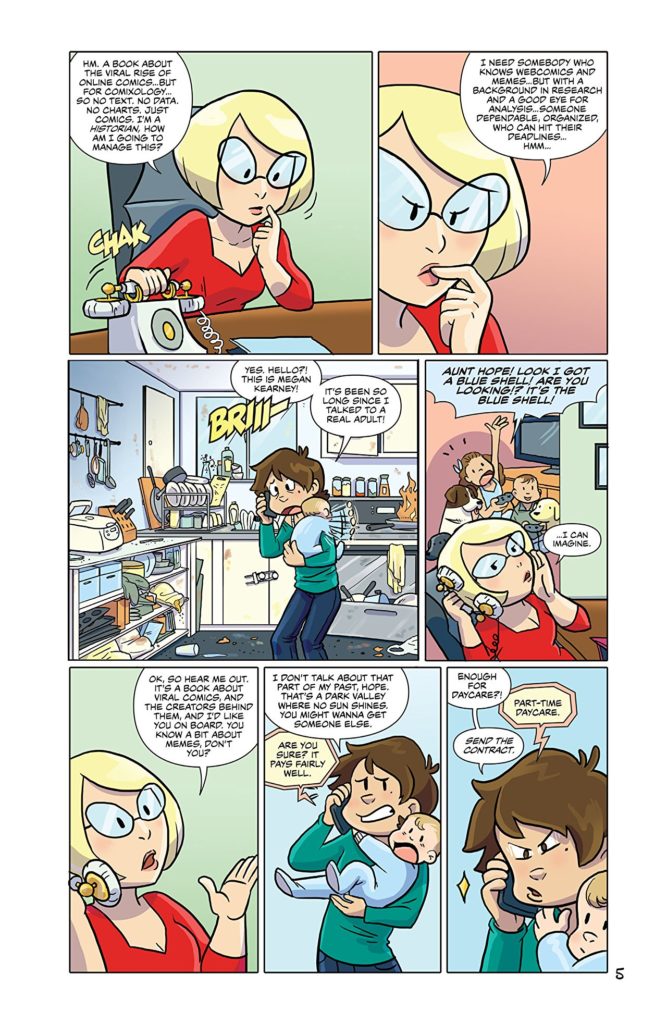 A page from <em>Hit Reblog</em> by Megan Kearney shows her holding her newborn while discussing the book on the phone with her editor. Image: Comixology. 