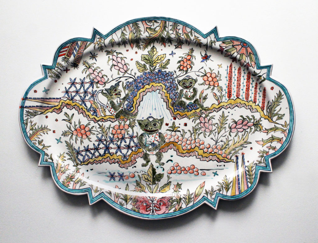 Lindsay Montgomery, <em>Goblin Faience Charger</em>, 2017. Press-molded and tin-glazed earthenware, painted with stains and underglazes, 63 cm across. Photo: Lindsay Montgomery.