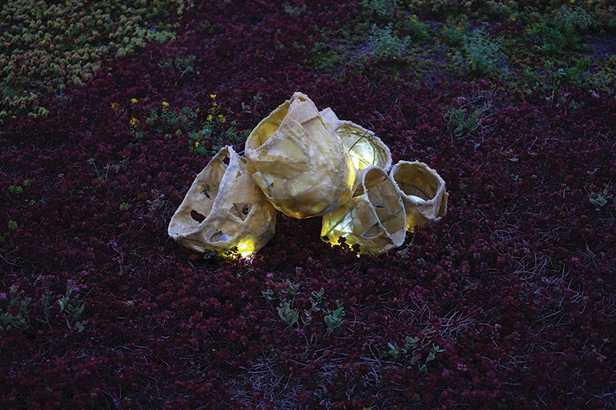 Annette Hegel and Deborah Margo, <em>By the bee</em> (installation detail), 2018. Wire, beeswax, lights and sedum, variable dimensions. Courtesy of the artists.