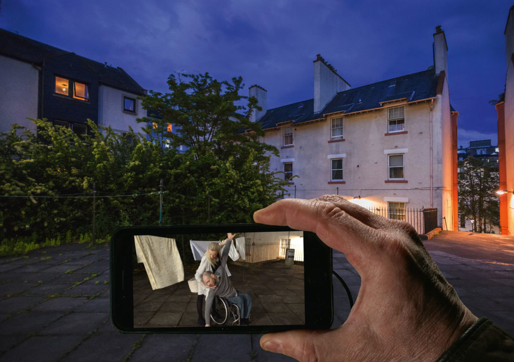 Janet Cardiff and George Bures Miller, Location photograph for <em>Night Walk for Edinburgh</em>, 2019.
Courtesy the artists. Commissioned by the Fruitmarket Gallery. Photo: Chris Scott.