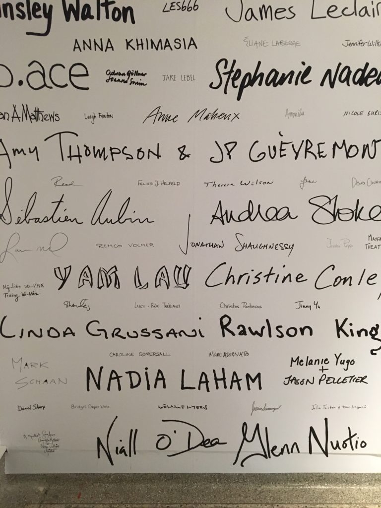 Part of the donor wall at the new SAW Gallery. Each donor hand-wrote their name and it was printed in proportion to their donation amount. Photo: Leah Sandals.