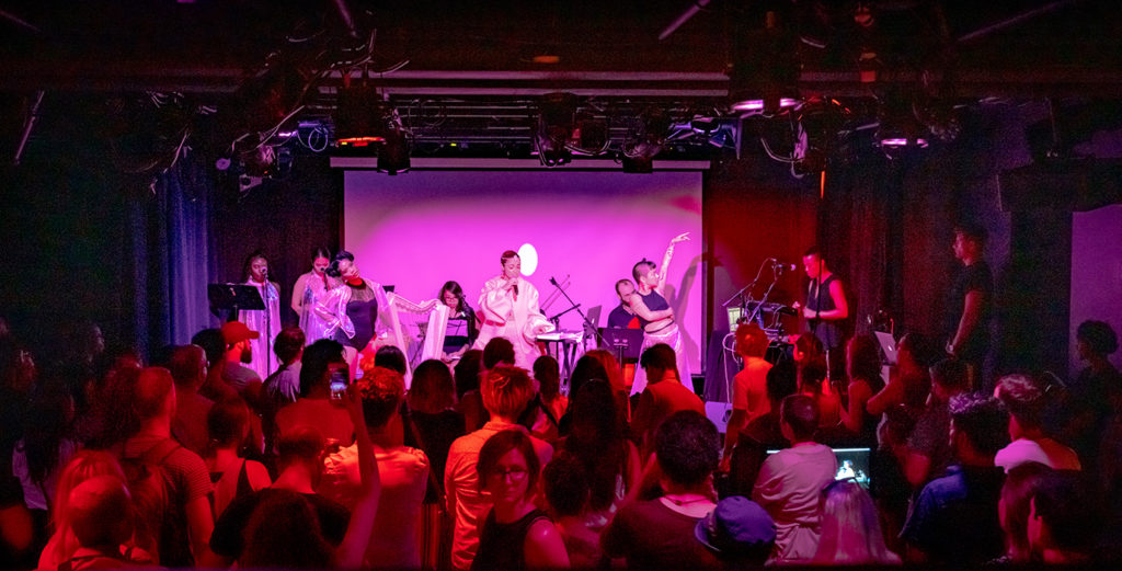 Maylee Todd takes the stage in SAW's new performance space to kick off a monthly queer night series and the opening of the renovated gallery. Photo: Justin Wonnacott / SAW.