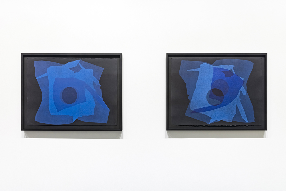 From left: Sameer Farooq, <em>24 Affections (SF-Blue-3)</em> and <em>24 Affections (SF-Blue-4)</em>, 2019. Monoprints, 25.5 x 33.3 in. Courtesy the artist and Zalucky Contemporary. Photo: Toni Hafkenscheid.