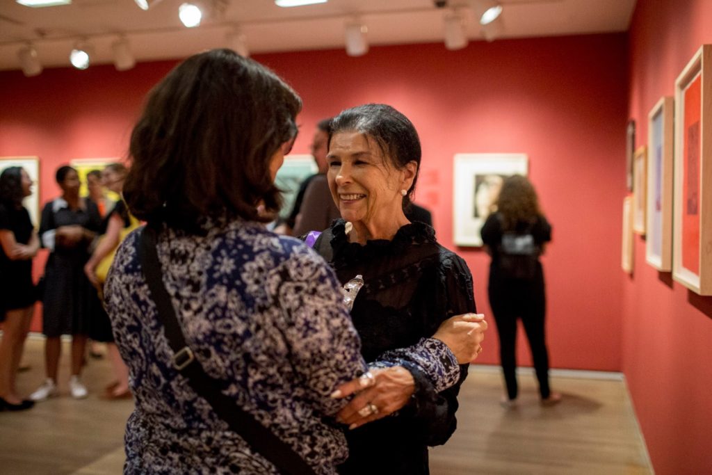 Alanis Obomsawin at the opening of the Montreal Museum of Fine Arts exhibition “Alanis Obomsawin, Printmaker. An Artist and her Nation: The Waban-Aki Basketmakers of Odanak” in June 2019. Photo: MBAM/Facebook.