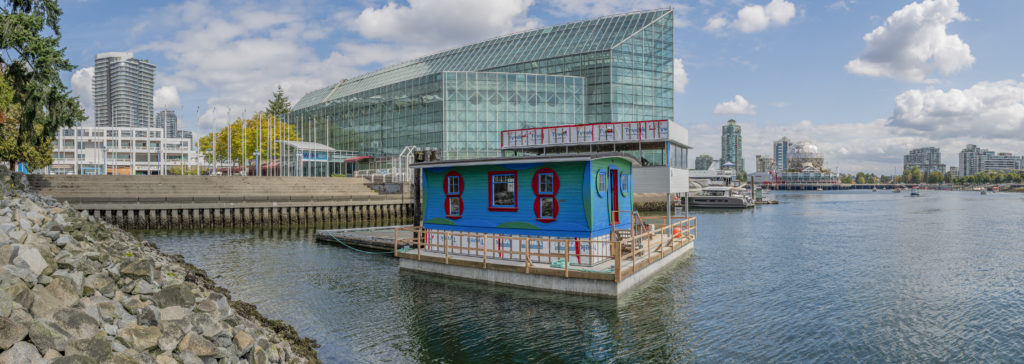 The Blue Cabin Floating Artist Residency’s moorage for 2019/2020 on False Creek. Photo: Henri Robideau.