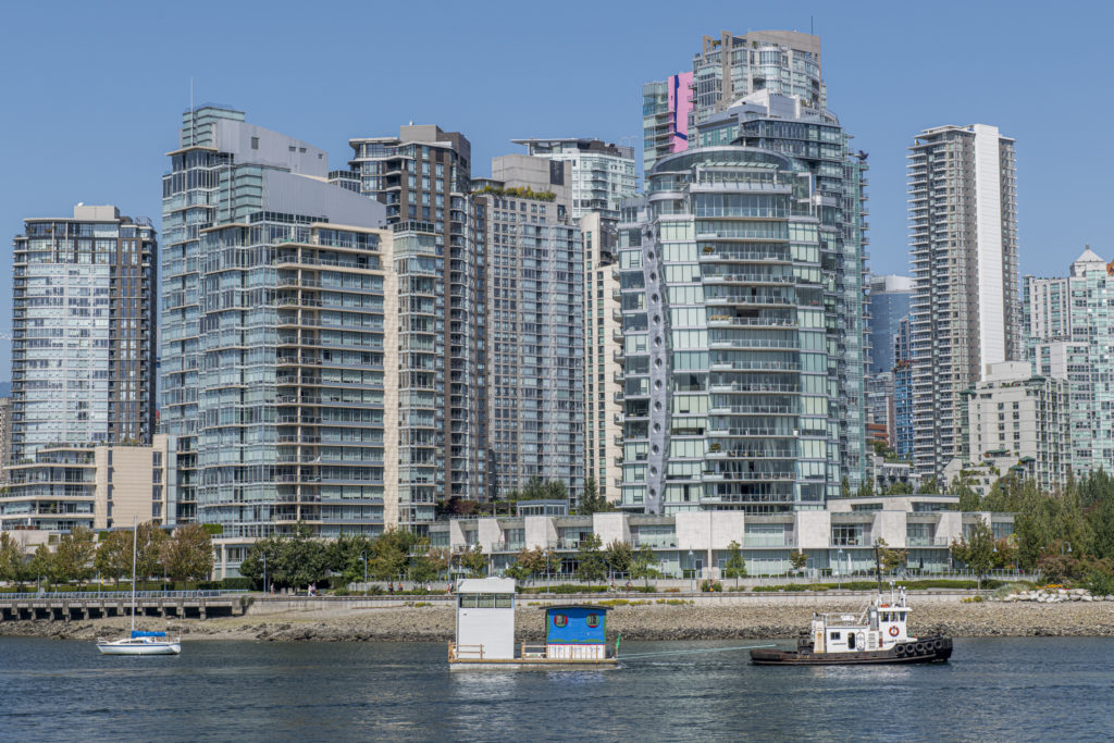 The Blue Cabin being moved to its new home for the coming year on False Creek. Photo: Henri Robideau.