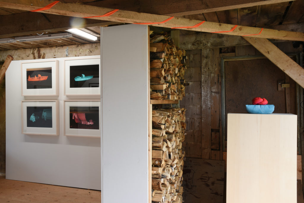A partial view of the woodshed gallery at Wood Point, installed for the Ark. At left is work by Will Gill, at right work by Svava Juliusson. Photo: John Haney.