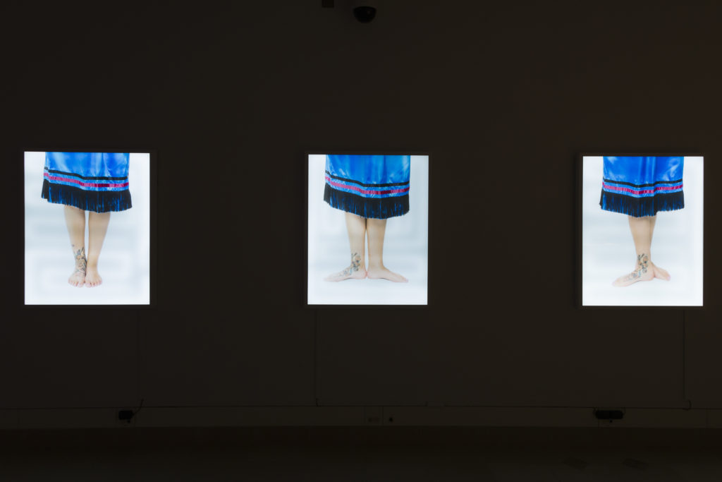 Joi T. Arcand, <em>she used to want to be a ballerina (for grandma Vivian)</em>, 2019. Three photolight boxes. Courtesy the artist. Photo: Carey Shaw Photography. 