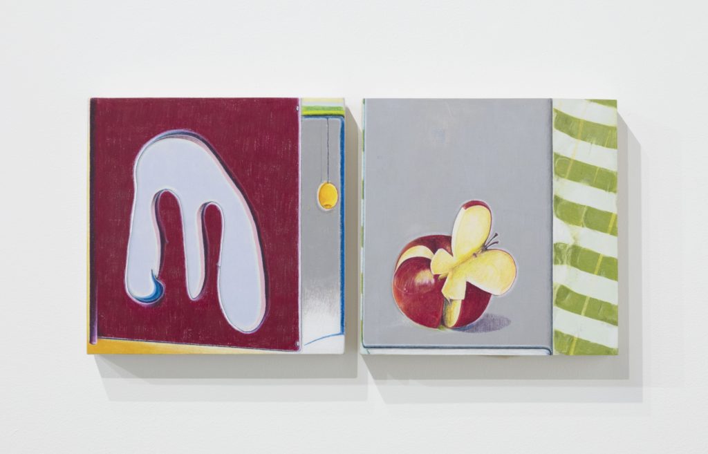 Marlon Kroll, <em>Mood Room</em> and <em>Butterfly</em>, 2019. Coloured pencil on gessoed muslin over panel, 30.5 x 30.5 cm each. Courtesy the artist/Parisian Laundry. Photo: Maxime Brouillet.