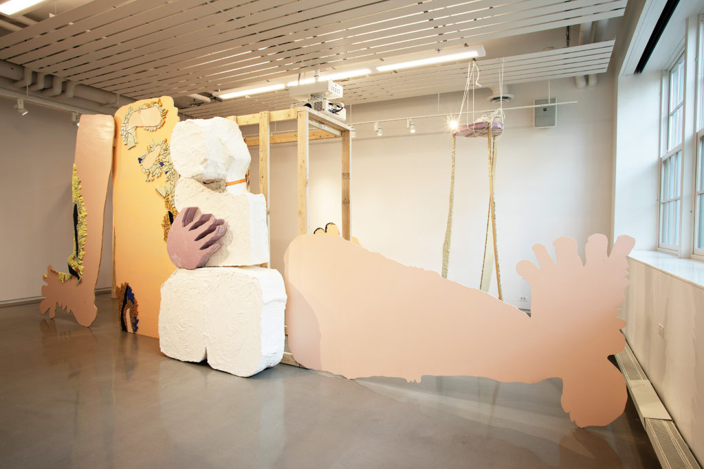 Cindy Phenix, <em>A Feeling of Movement</em>, 2019. Wood, acrylic, polystyrene, plaster, Plasticine and rope, dimensions variable. Courtesy Northwestern University, Evanston, IL.